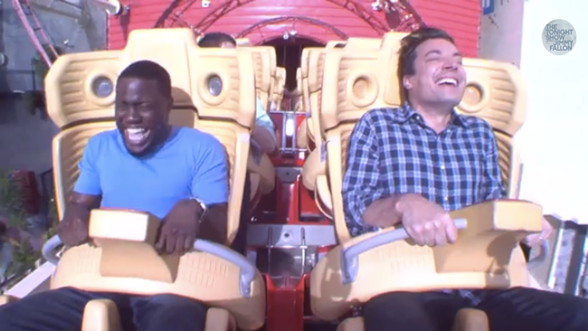 Kevin Hart is scared straight while riding a roller coaster with