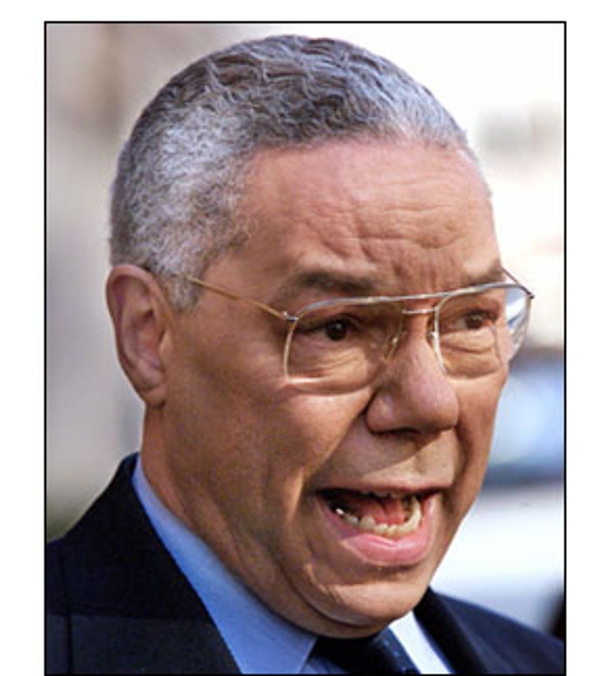 Secretary of State Colin Powell talks to journalists after being interviewed on CBS's "Face the Nation" in Washington Sunday, Feb. 11, 2001. Powell spoke about his upcoming trip to the Middle East, his first trip, and said he will stop in Syria for a few hours, as Syria is an "important player" in the process. (AP Photo/Rick Bowmer) (Associated Press)
