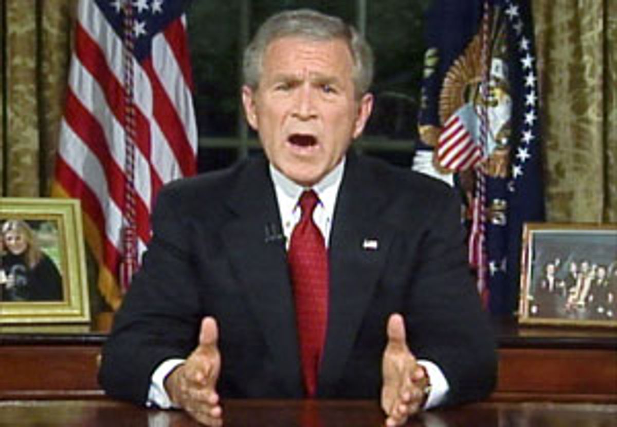 U.S. President George W. Bush makes an address to the nation from the Oval Office at the White House in Washington, September 11, 2006, on the fifth anniversary of the September 11, 2001 attacks. REUTERS/Reuters TV   (UNITED STATES) (Reuters)