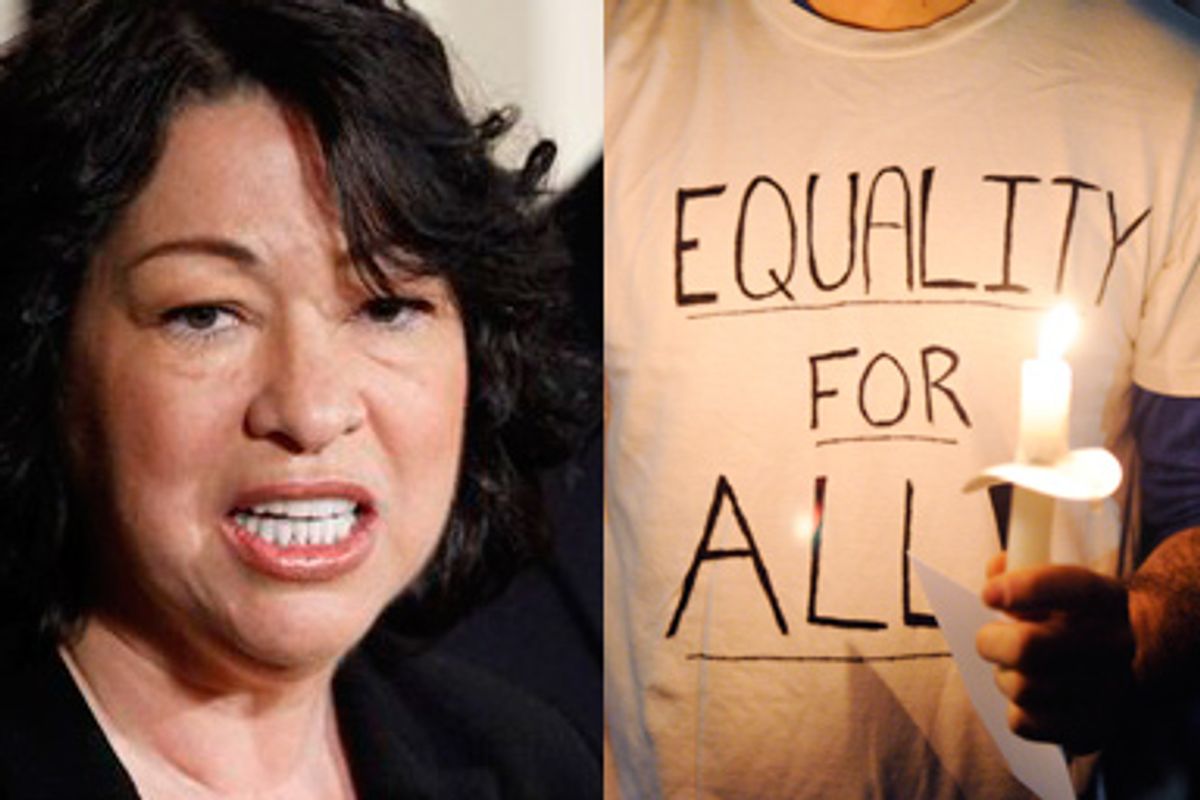 Left: Sonia Sotomayor speaks on Tuesday, May 26, 2009, in the East Room of the White House in Washington. Right: Demonstrators hold candles as thousands turned out for a rally to protest the passage of California's Proposition 8, a ban on same sex marriage, in Los Angeles November 8, 2008.