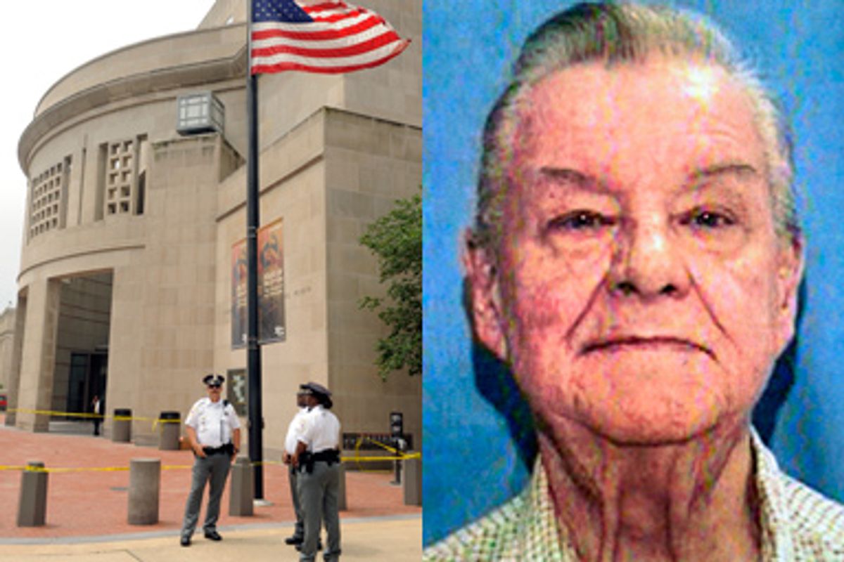 Left: Security personnel gather at a U.S. flag flying at half-staff at the Holocaust Memorial Museum in Washington, June 11, 2009. Right: This undated photograph provided by the Talbot County, Md.,Sheriff Office on Thursday, June 11, 2009 shows James von Brunn.