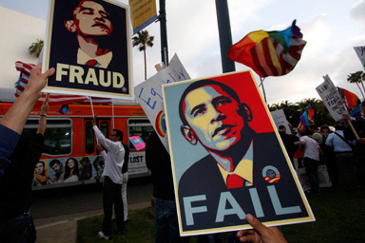 Dozens of gay rights protesters demonstrate outside the Beverly Hills hotel, where U.S. President Barack Obama attended a Democratic Party fundraiser in Beverly Hills, Calif. on Wednesday, May 27, 2009. 