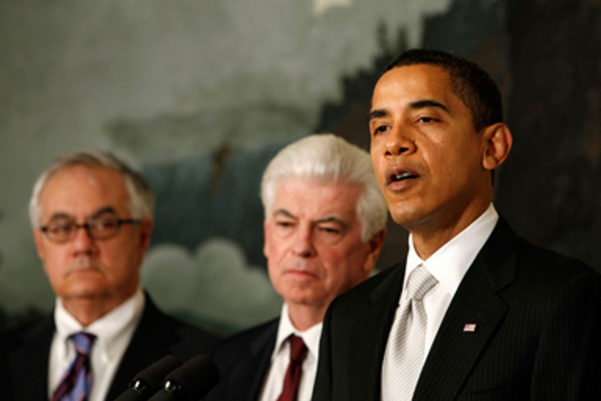 President Barack Obama, accompanied by House Financial Services Committee Chairman Rep. Barney Frank, D-Mass., left, and Senate Banking Committee Chairman Sen. Christopher Dodd, D-Conn., makes comments in the Diplomatic Reception Room of the White House in Washington, Wednesday, Feb. 25, 2009, after a economic meeting.