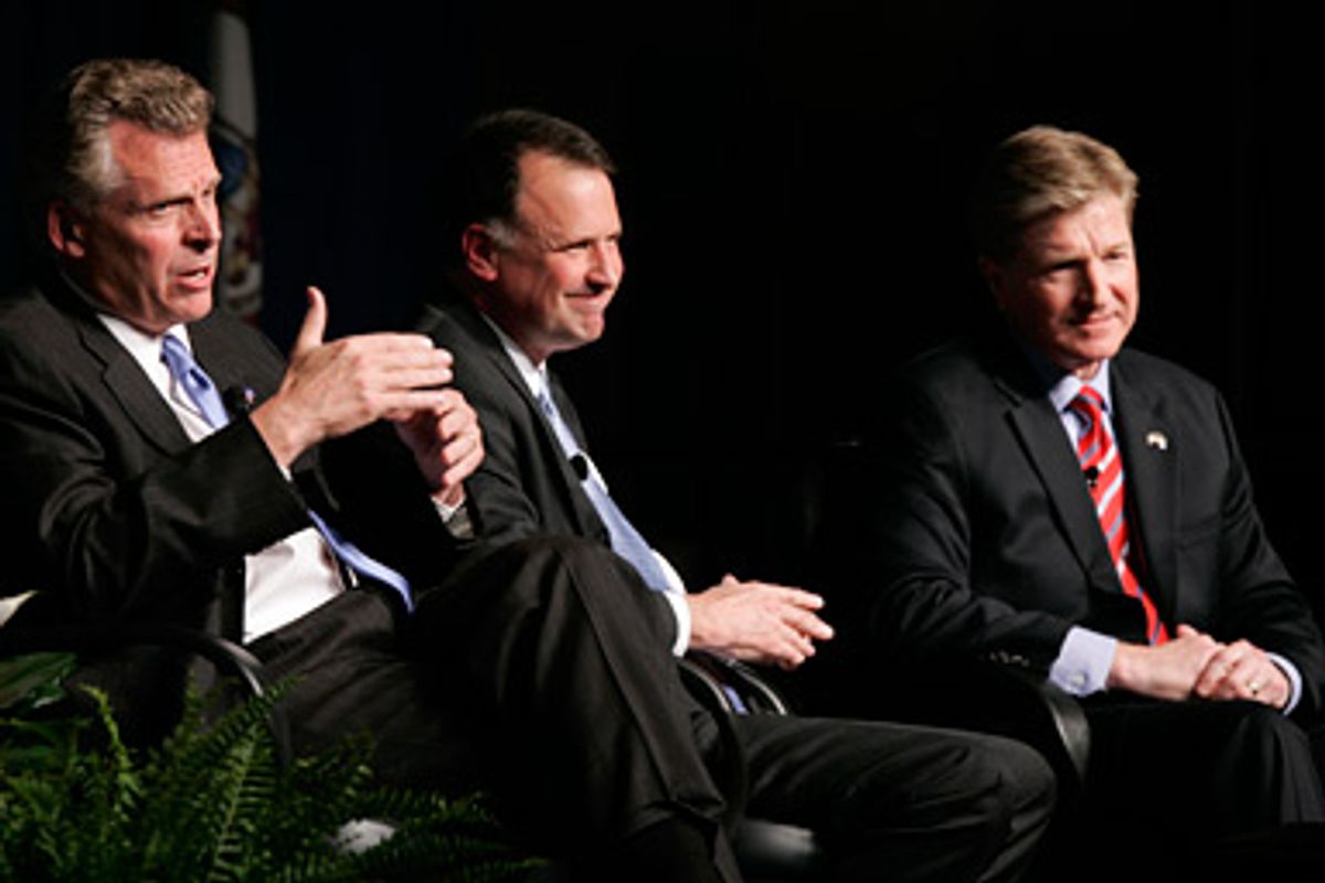 Virginia Democratic gubernatorial candidates Terry McAuliffe, Creigh Deeds and Brian Moran, from left, at a debate in April.