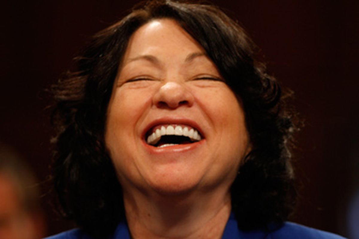 Supreme Court nominee Judge Sonia Sotomayor laughs on Capitol Hill in Washington, Monday, July 13, 2009, during her confirmation hearing before the Senate Judiciary Committee