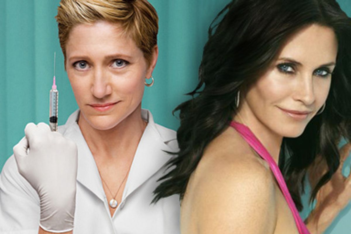 Edie Falco in "Nurse Jackie," left, and Courteney Cox in "Cougar Town."