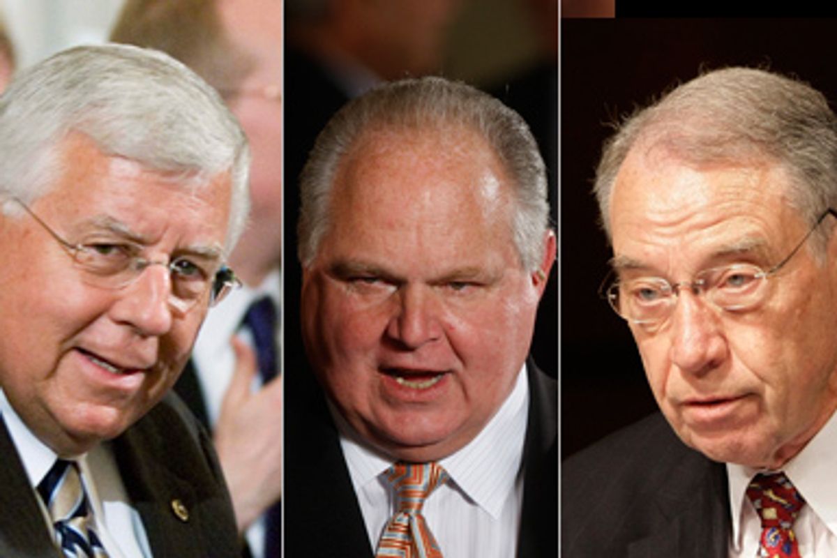 L-R: Sen. Mike Enzi, R-Wyo., Rush Limbaugh, Sen. Charles E. Grassley, R-Iowa   
