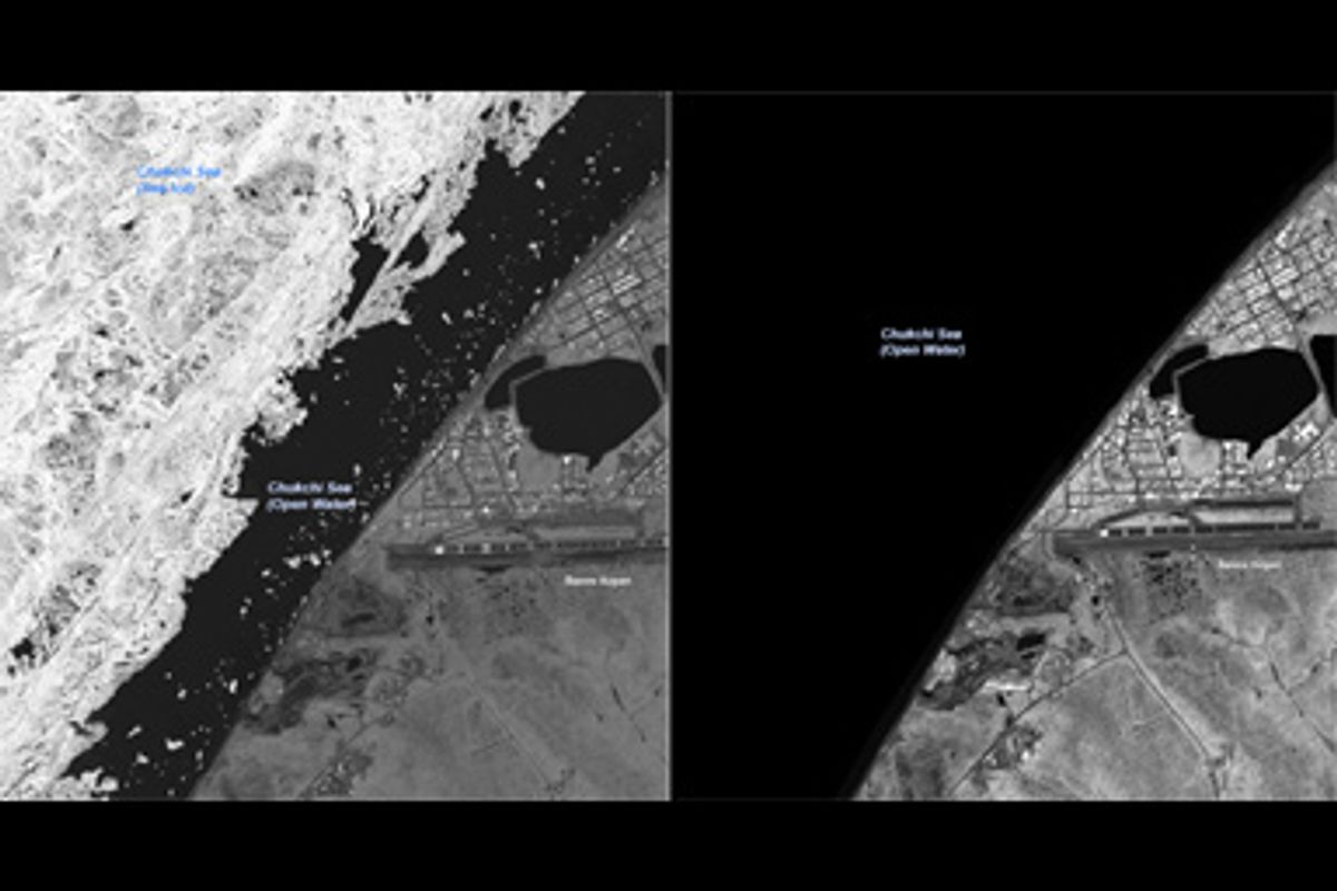 The two images portray changes in the timing of coastal sea ice breakup (information recorded over long periods). Top:</p> July 2006, Chukchi Sea. Bottom: July 2007, Chukchi Sea