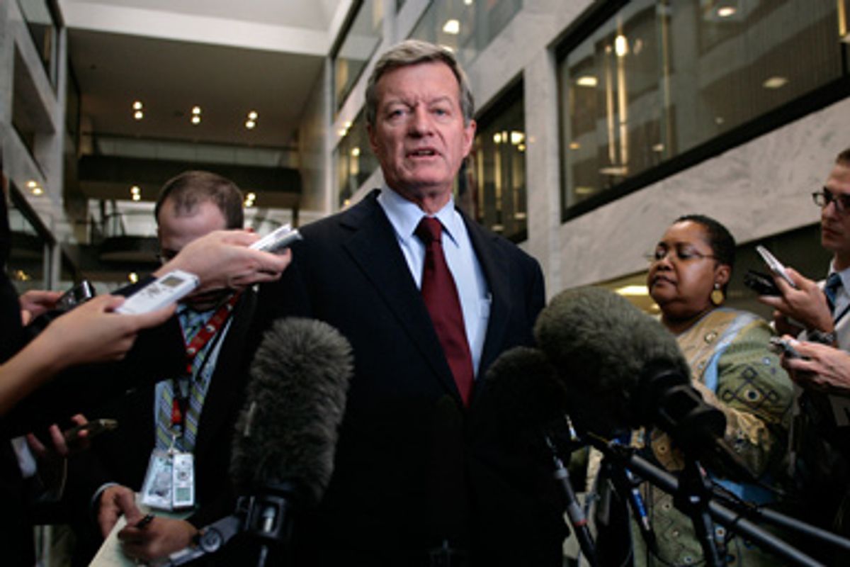 U.S. Senate Finance Committee Chairman Max Baucus (D-MT) talks to the media after the Senate's "Gang of Six" meeting on healthcare reform on Capitol Hill in Washington, September 15, 2009. 