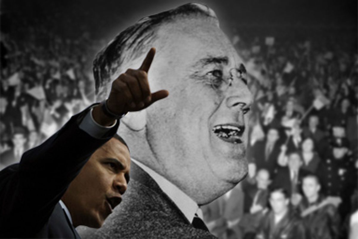 President Obama and President Franklin D. Roosevelt. Background: Stamping, flag-waving New Yorkers give Pres. Franklin D. Roosevelt a thunderous ovation as he appeared in Madison Square Garden, Oct. 31, 1936.