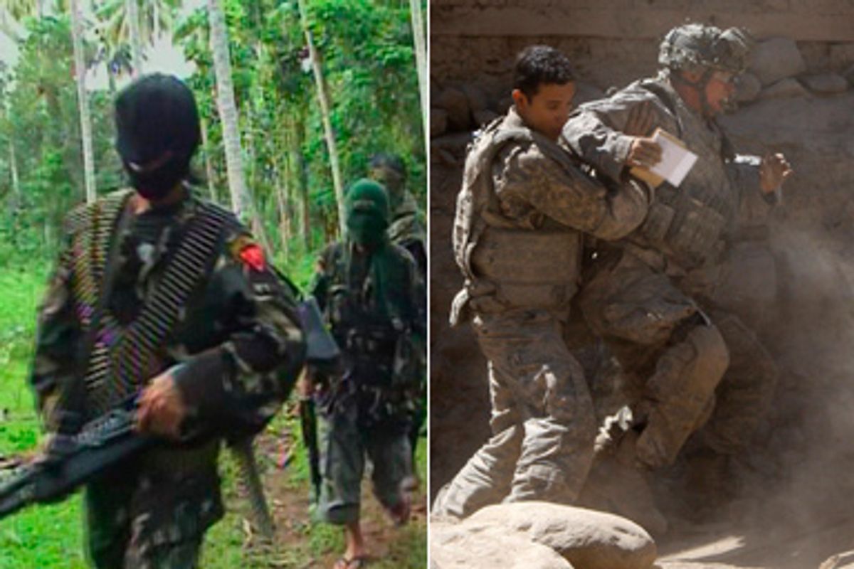 Left: Abu Sayyaf rebels are seen in the Philippines in this video grab made available February 6, 2009. Right: U.S. soldiers help a comrade wounded in the leg during a gun-battle with Taliban fighters in the village of Bargematal, Nuristan province, August 23, 2009.         