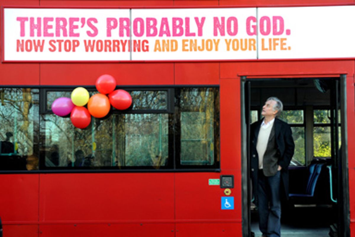 Professor Richard Dawkins on a bus displaying an atheist message in Kensington Gardens, London, on Tuesday January 6, 2008.               