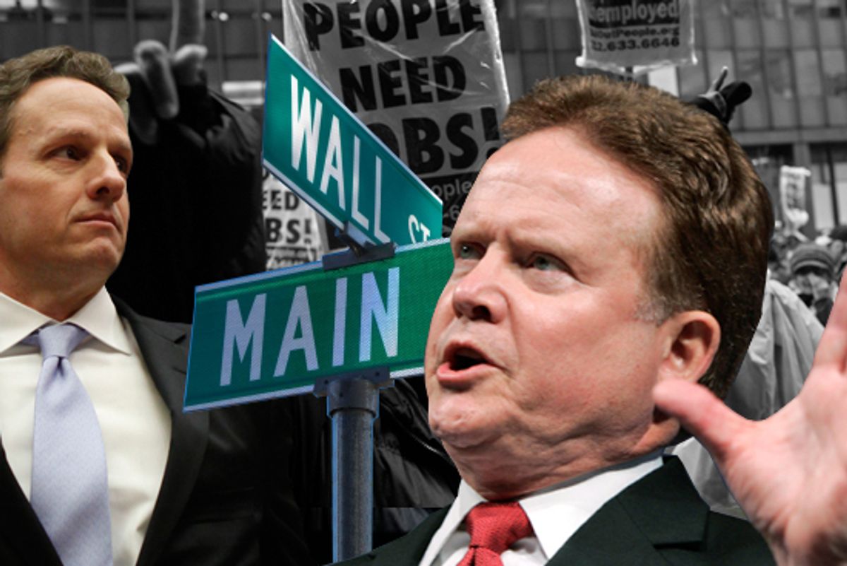 Treasury Secretary Tim Geithner (left) and Sen. Jim Webb. Background: Protesters rally against government bailouts in New York in April.