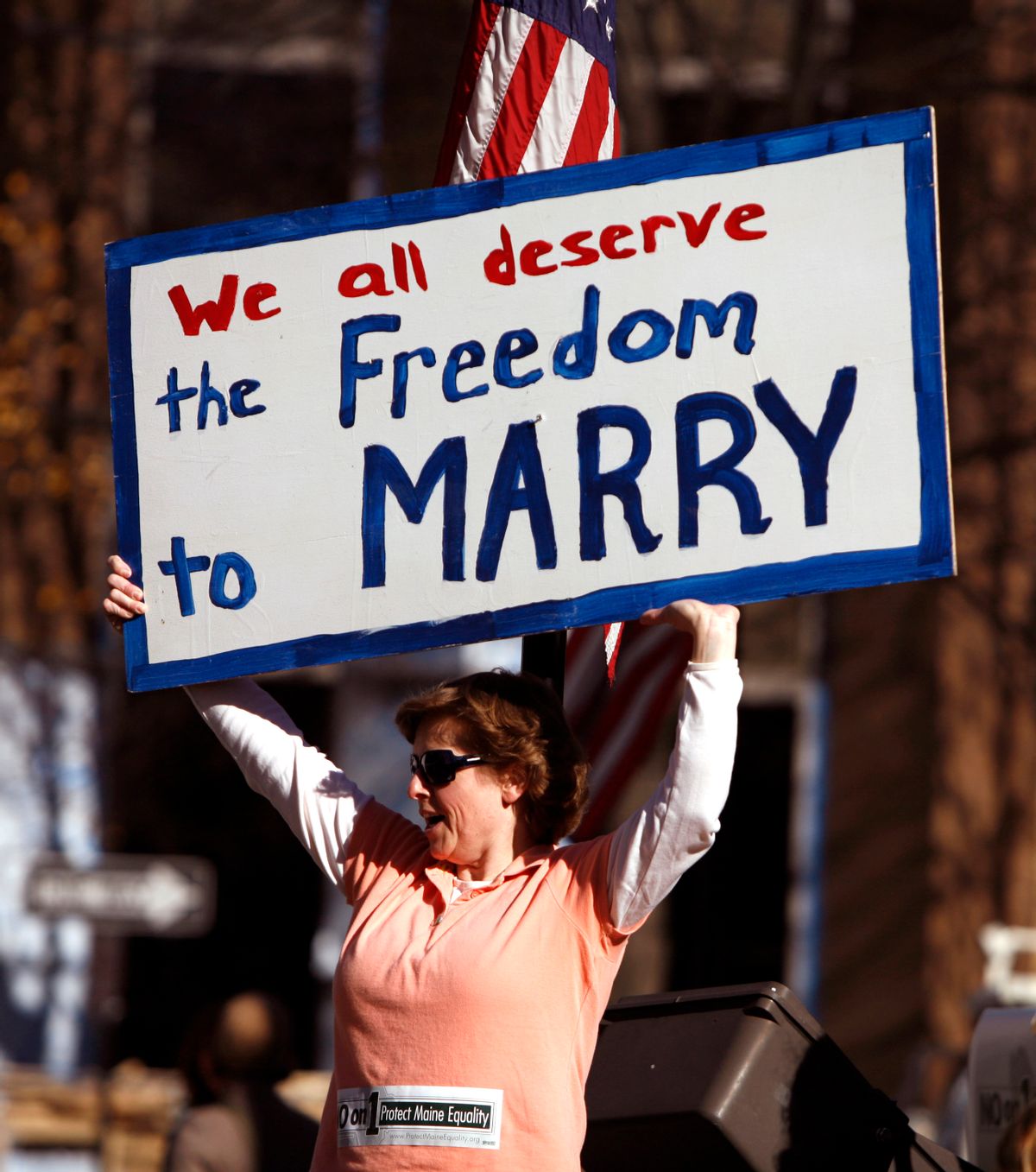 People participate in a pro gay marriage rally the day before election day in Portland, Maine, on Monday, Nov. 2, 2009.  Gay marriage legislation  was approved by  Maine's  Legislature earlier in the year however Maine voters go to the polls on Tuesday and  have the opportunity to become the first in the nation to approve gay marriage or vote against it, which would overturn the earlier legislation.(AP Photo/Pat Wellenbach)   (Pat Wellenbach)