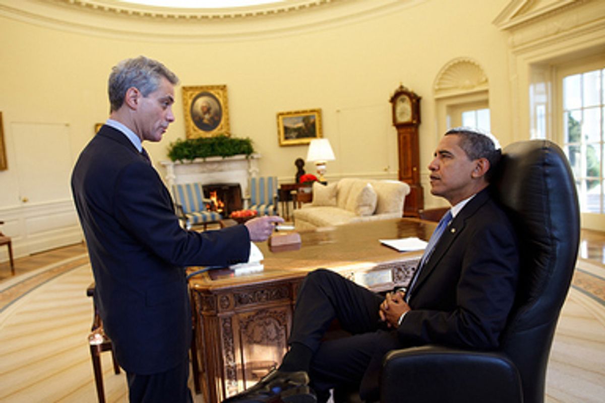 President Obama meets with chief of staff Rahm Emanuel on his first day in office.           