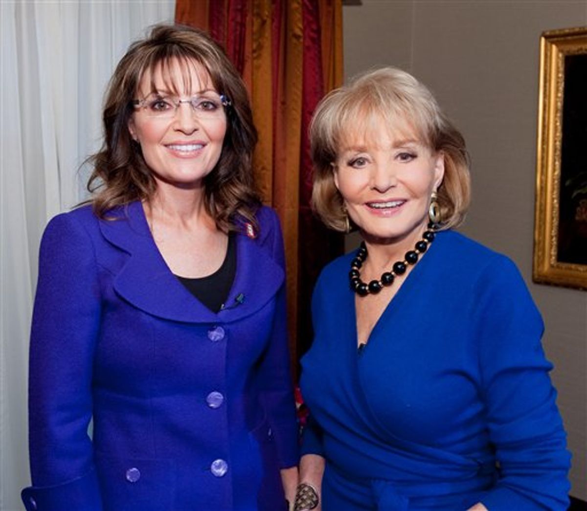 In this photo released by ABC, former Alaska Governor and Republican Vice-Presidential candidate Sarah Palin, left, is photographed with ABC's Barbara Walters, at a New York City hotel, Friday, Nov. 13, 2009. Walters' interview with Palin will air in segments starting with "Good Morning America," on Monday, Nov. 17. (AP Photo/ABC, Steve Fenn) ** MAGS OUT; NO SALES **   (AP)