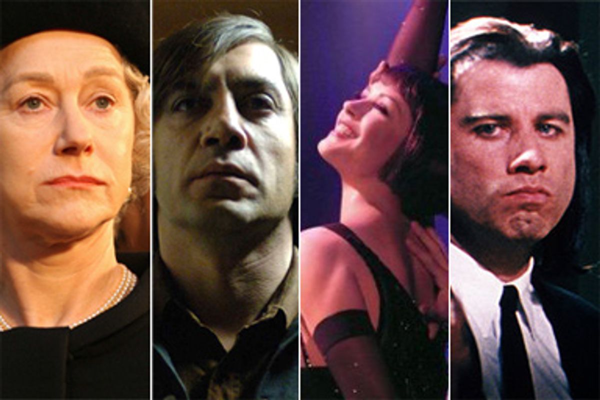 Stills from "The Queen," "No Country for Old Men," "Chicago," and "Pulp Fiction"