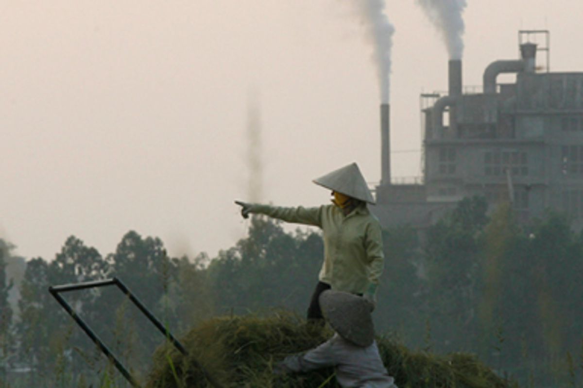 Farmers work on a paddy field near a cement factory in Sai Son village, outside Hanoi