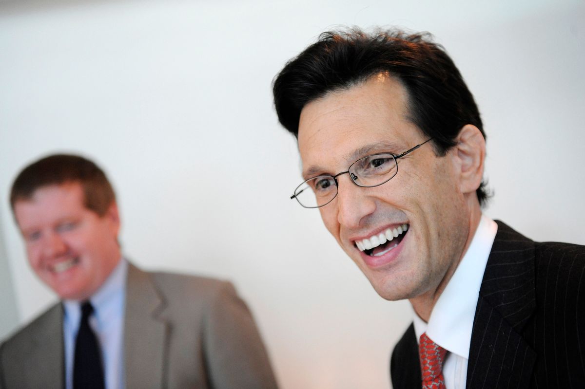 House Minority Whip Rep. Eric Cantor (R-VA) (R) smiles as he departs after an interview at the Newseum in Washington October 1, 2009. The interview is part of the first day of the First Draft of History event, held by the Atlantic Magazine and the Aspen Institute to bring together newsmakers, historians and journalists.   REUTERS/Jonathan Ernst    (UNITED STATES POLITICS) (Reuters)