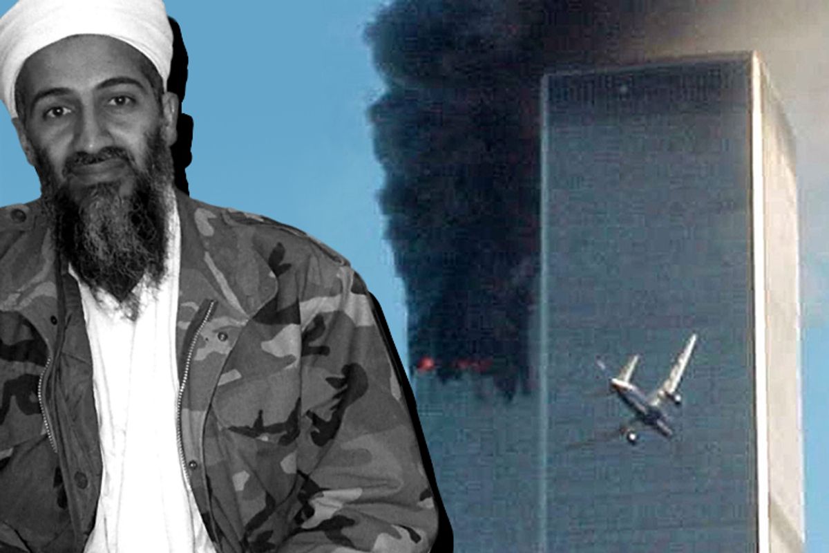 Undated photo of al Qaida leader Osama bin Laden. Background: In this Sept. 11, 2001 file photo, a jet airliner nears one of the World Trade Center towers in New York.