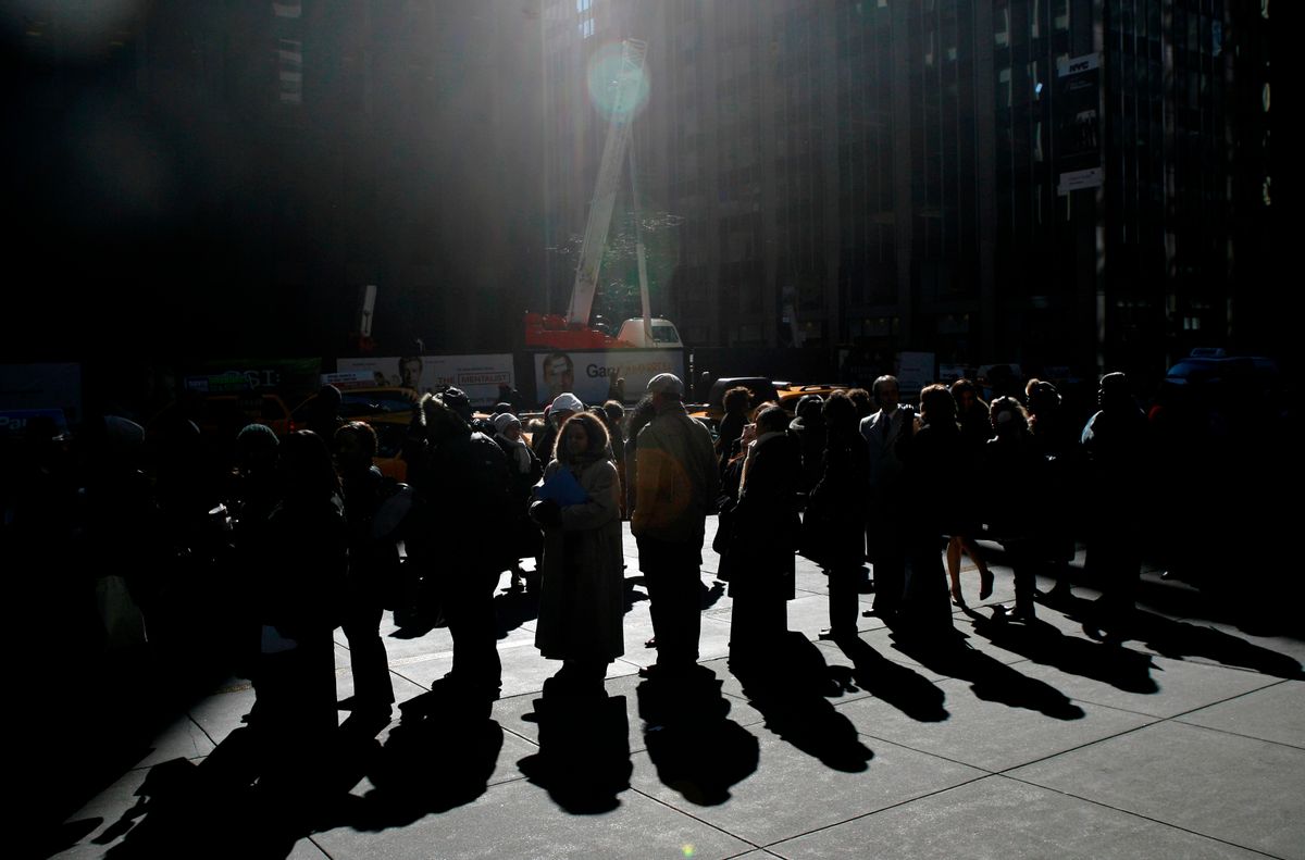 Job seekers wait in a line that stretches around the block and doubles back on itself to get into the Women For Hire Career Expo in New York, Tuesday, Feb. 24, 2009.  Thousands of people showed up for the event where about forty employers were talking to prospective hires.  (AP Photo/Seth Wenig) (Associated Press)