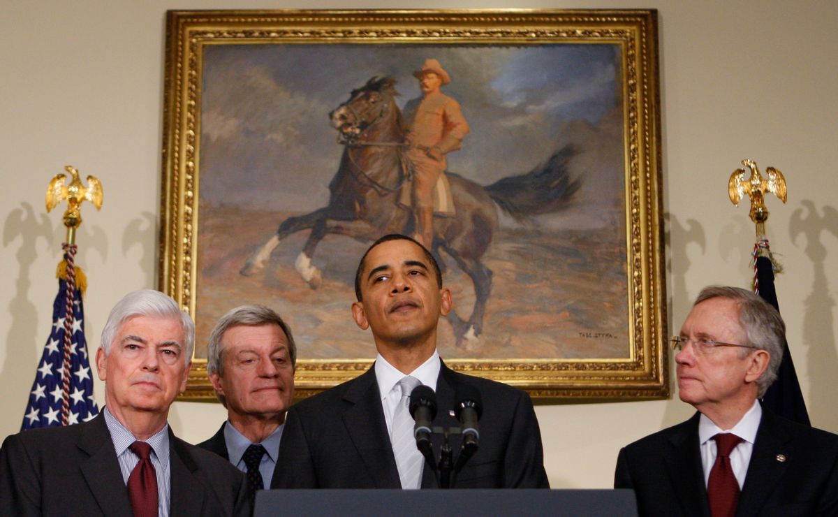 President Barack Obama makes a statement on health care reform after meeting with Senators, Tuesday, Dec. 15, 2009, at the White House in Washington. From left are, Senate Banking Committee Chairman Sen. Christopher Dodd, D-Conn.; Senate Finance Committee Chairman Sen. Max Baucus, D-Mont.; the president; and Senate Majority Leader Harry Reid of Nev. (AP Photo/Charles Dharapak)  (Associated Press)