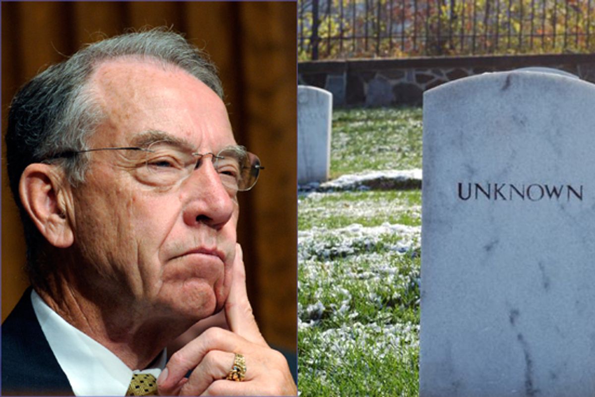 Senate Judiciary Committee member Sen. Charles Grassley, R-Iowa. Right: An "Unknown" headstone stands at grave 5253 in Arlington Cemetery.
