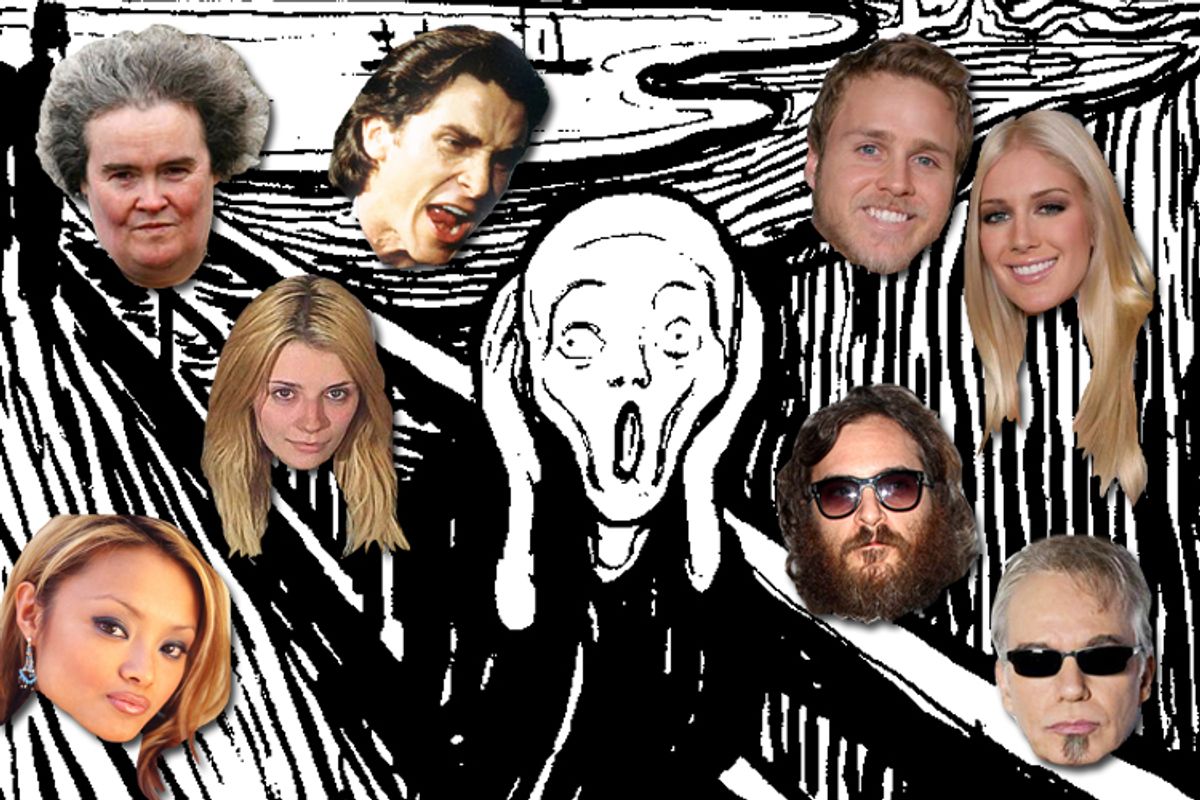 Clockwise, lower left: Tila Tequila, Mischa Barton, Susan Boyle, Christian Bale, Spencer &amp; Heidi Pratt, Joaquin Phoenix, Billy Bob Thornton