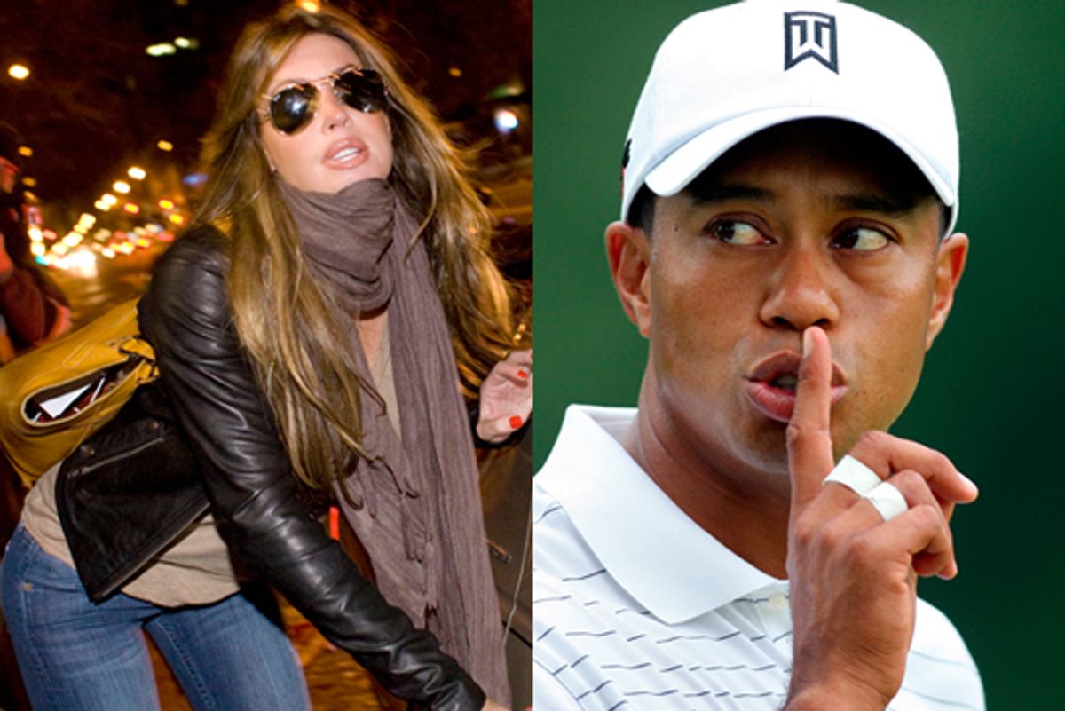 Left: Rachel Uchitel in front of her home in New York, in November. Right: Tiger Woods at the WCG Bridgestone Invitational golf tournament in Akron, Ohio, in August.