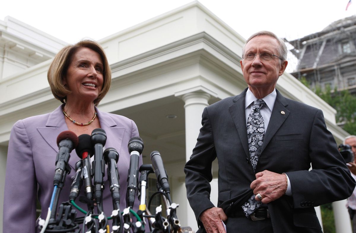 Speaker of the U.S. House of Representatives Nancy Pelosi (D-CA) (L) and Senate Majority Leader Harry Reid (D-NV) speak to the press following their meeting about the Health Care bill with U.S. President Barack Obama at the White House in Washington, September 8, 2009.   REUTERS/Jason Reed   (UNITED STATES POLITICS)  (Reuters)