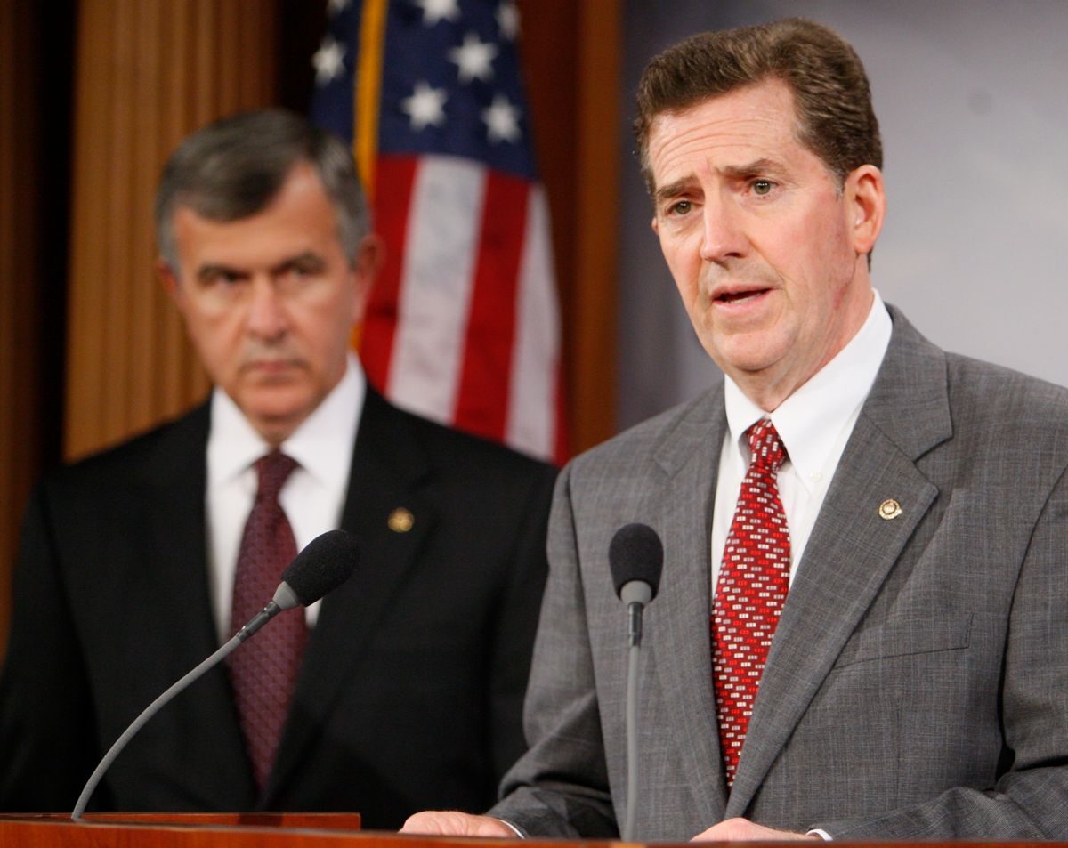 Sen. Jim DeMint, R-S.C., right, speaks about the bankruptcy of General Motors as Sen. Mike Johanns, R-Neb., looks on, Wednesday, June 3, 2009, during a news conference on Capitol Hill in Washington. (AP Photo/Charles Dharapak) (Associated Press)