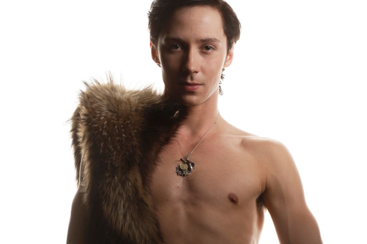 Men's figure skater Johnny Weir poses with a fox pelt during the 2010 U.S. Olympic Team Media Summit in Chicago.