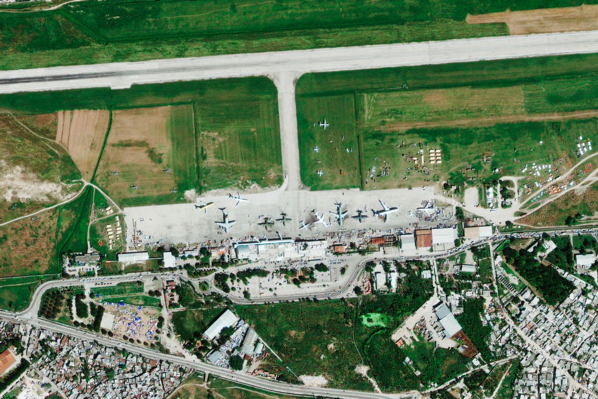 This GeoEye-1 satellite image taken from 423 miles in space at 1037 am EST (1537 GMT) January 16, 2010, shows Port-au-Prince International Airport with multiple aircrafts, supplies and personnel on the ground. World leaders have pledged massive assistance to rebuild Haiti after the earthquake killed as many as 200,000 people, but five days into the crisis aid distribution was still random, chaotic and minimal.   REUTERS/GeoEye Satellite Image/Handout    (HAITI - Tags: DISASTER ENVIRONMENT) FOR EDITORIAL USE ONLY. NOT FOR SALE FOR MARKETING OR ADVERTISING CAMPAIGNS (Reuters)
