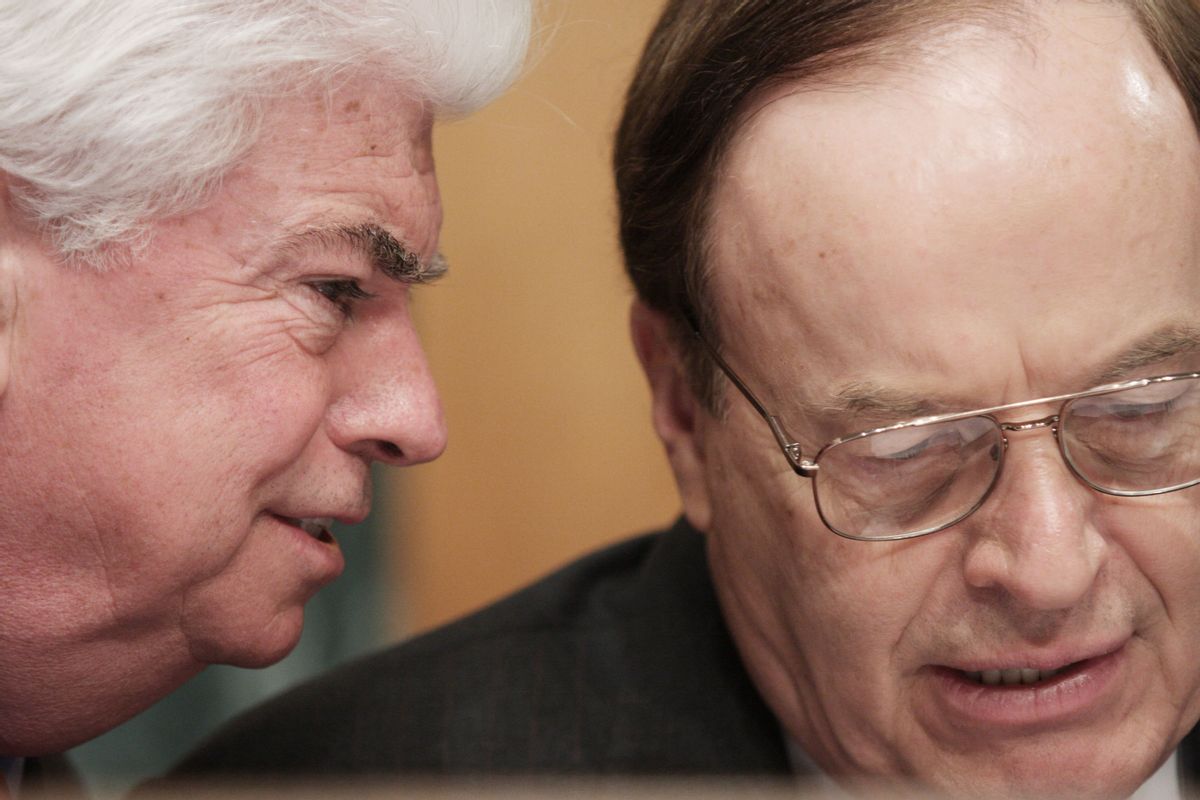 Senate Banking Committee Chairman Sen. Christopher Dodd, D-Conn., left, huddles with the committee's ranking Republican Sen. Richard Shelby, R-Ala., on Capitol Hill in Washington, Wednesday, Nov. 19, 2008, as Neil Barofsky testified before the committee's hearing on Barofsky' nomination to be Special Inspector General for the Troubled Asset Relief Program. (AP Photo/Lauren Victoria Burke (Associated Press)