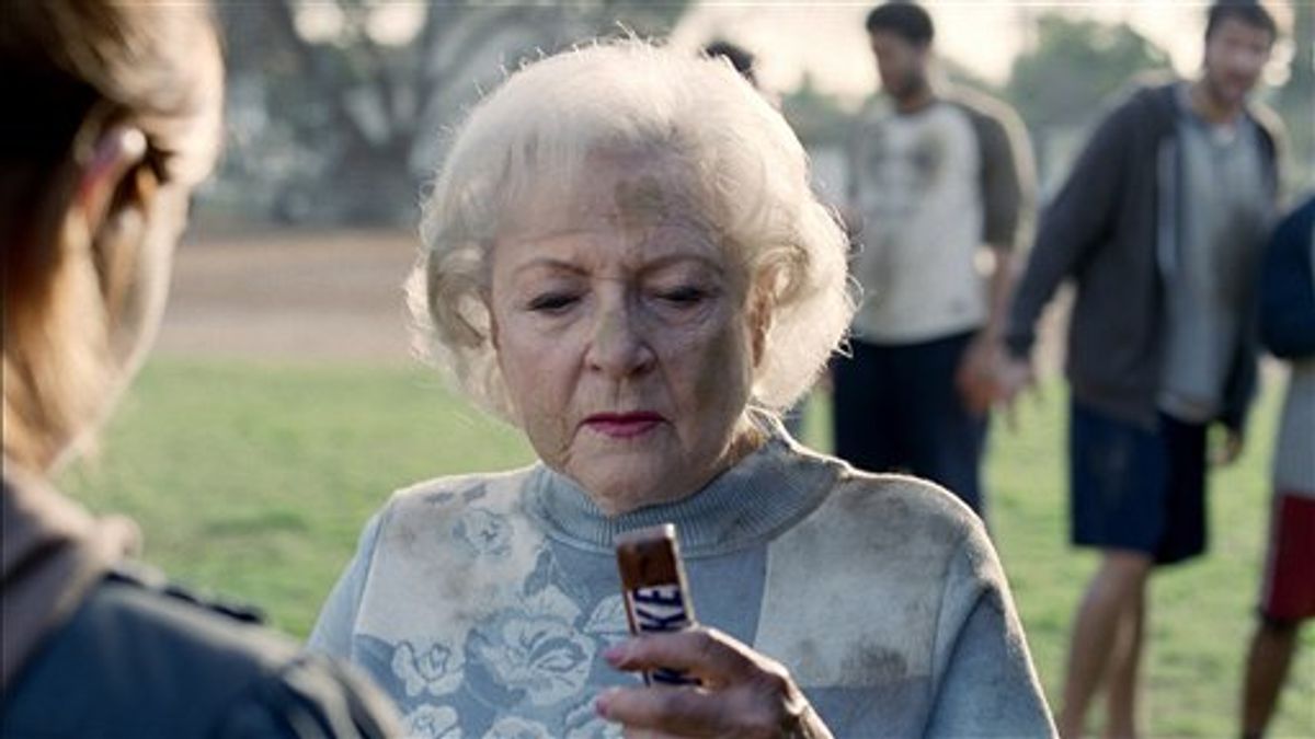 This image provided by Snickers shows part of a television ad featuring actress Betty White scheduled to air during the 2010 Super Bowl. (AP Photo/Snickers) NO SALES (AP)