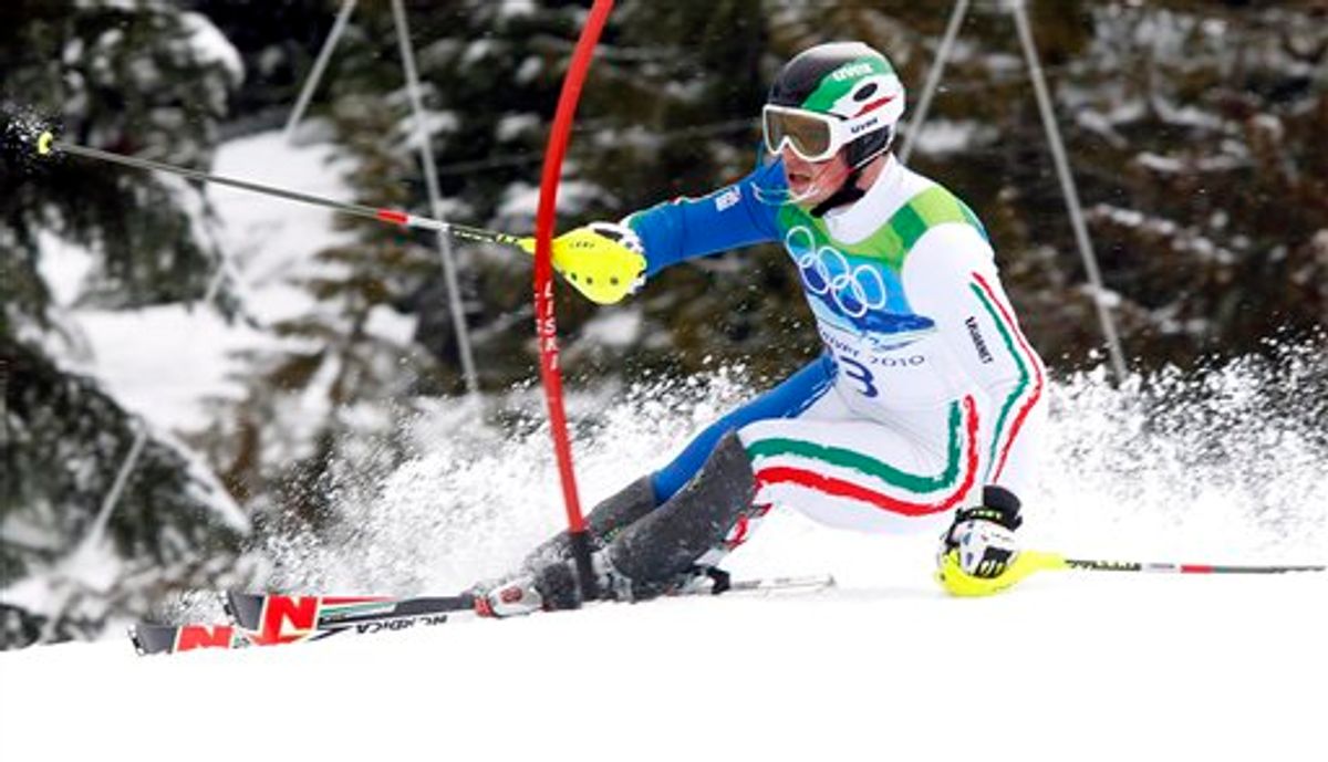 Italy's Giuliano Razzoli speeds down the course during the first run of the Men's slalom, at the Vancouver 2010 Olympics in Whistler, British Columbia, Saturday, Feb. 27, 2010. (AP Photo/Luca Bruno) (AP)