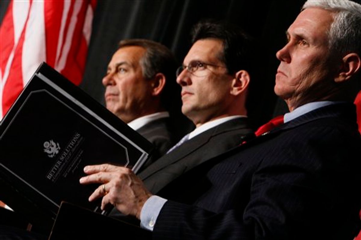 From left, House Minority Leader John Boehner of Ohio, House Minority Whip Eric Cantor of Va., and Rep. Mike Pence, R-Ind., listen as President Barack Obama speaks to Republican lawmakers at the GOP House Issues Conference in Baltimore, Friday, Jan. 29, 2010. (AP Photo/Charles Dharapak)            (AP)
