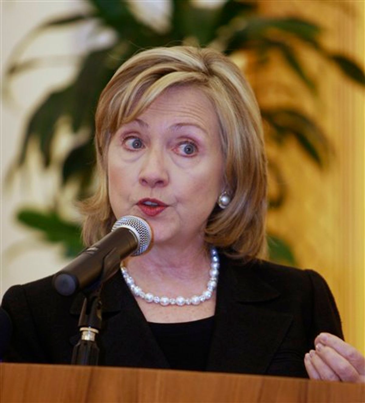 U. S. Secretary of State Hillary Rodham Clinton, seen during a press, after holding talks with Prime Minister and Foreign Minister of Qatar Sheikh Hamad bin Jassim bin Jabor Al Thani, in Doha the capital of the State of Qatar, Sunday, Feb. 14, 2010. Clinton arrived Sunday in Qatar, where she is holding talks with top government leaders and speaking at the U.S.-Islamic World Forum. (AP Photo/Maneesh Bakshi)  (AP)