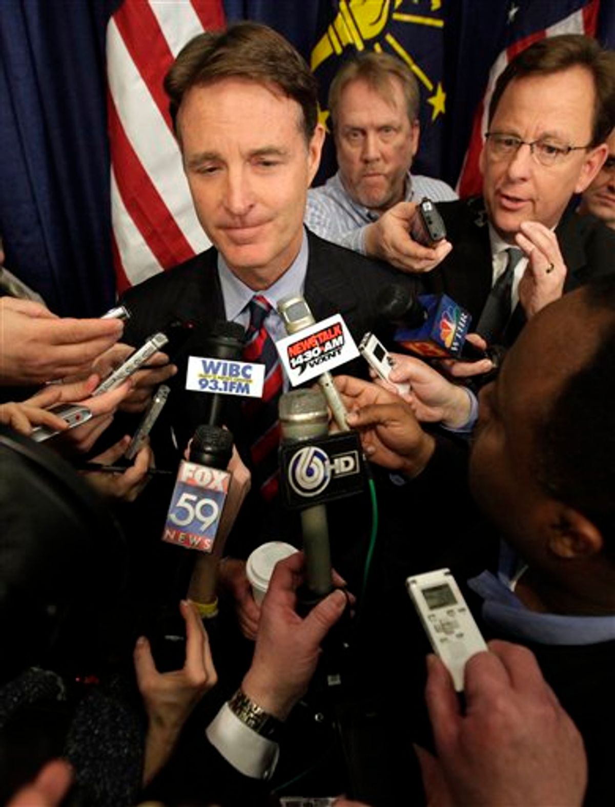 Sen. Evan Bayh, D-Ind., speaks with reporters after a news conference announcing he will not seek re-election in Indianapolis, Monday, Feb. 15, 2010. Bayh, a centrist Democrat from Indiana, announced Monday that he won't seek a third term in Congress, giving Republicans a chance to pick up a Senate seat. (AP Photo/AJ Mast) (AP)