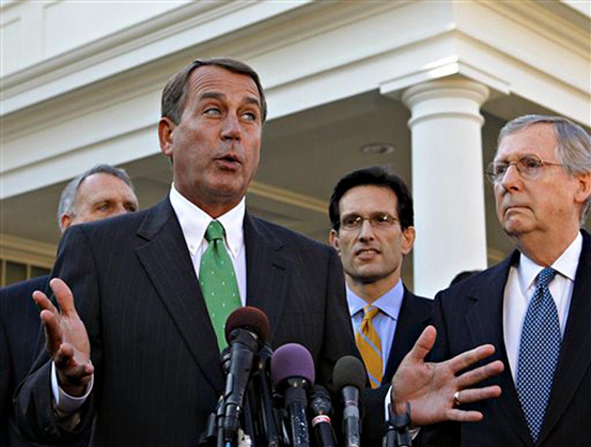 Rep. John Boehner, with other Republican congressional leaders, talks to reporters outside the White House. 