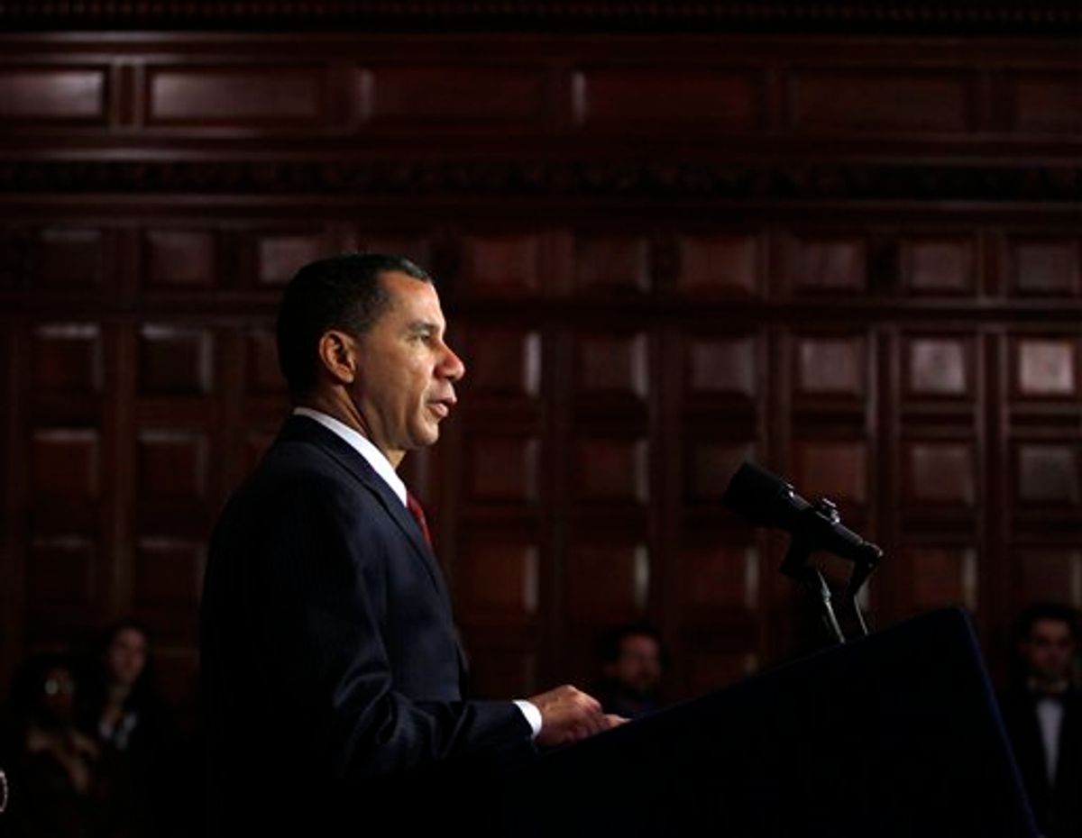 New York Gov. David Paterson speaks during a news conference at the Capitol in Albany, N.Y., on Tuesday, Feb. 9, 2010.  Paterson says Tuesday he believes an anticipated story by The New York Times about his personal conduct won't include much-rumored talk of wild behavior.  (AP Photo/Mike Groll) (AP)