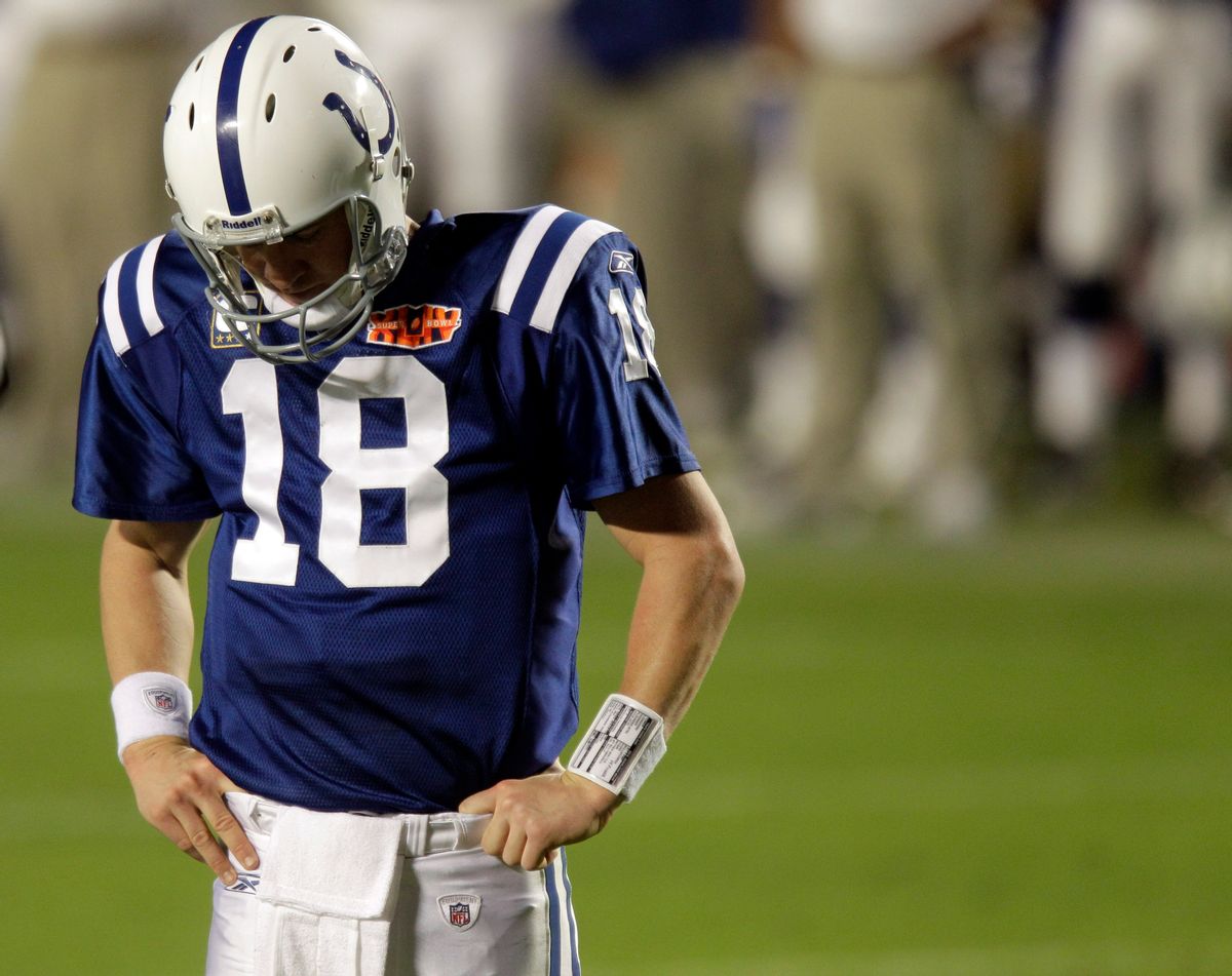 Indianapolis Colts quarterback Peyton Manning (18) reacts during the second half of the NFL Super Bowl XLIV football game against the New Orleans Saints in Miami, Sunday, Feb. 7, 2010. (AP Photo/Chris O'Meara)  (Chris O'meara)
