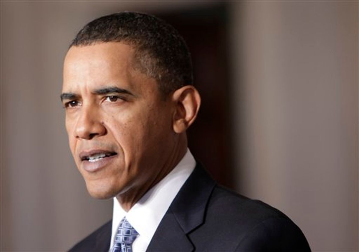 President Barack Obama delivers a statement on his budget that he sent to Congress, Monday, Feb. 1, 2010, in the Grand Foyer of the White House in Washington. (AP Photo/Pablo Martinez Monsivais) (AP)
