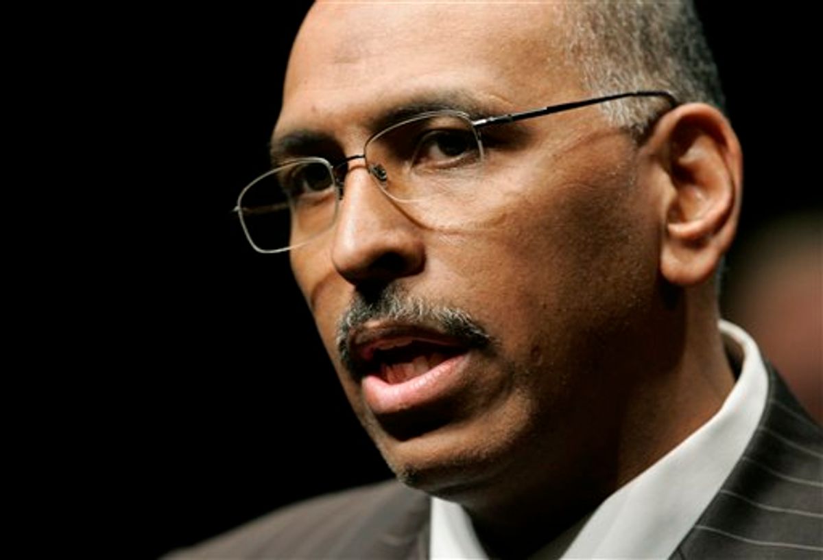 FILE - In this April 16, 2009, file photo, Republican National Chairman Michael Steele answers a a question during a news conference at a fundraising dinner in Evansville, Ind. Despite a flurry of missteps that have drawn criticism in Washington, Steele still enjoys the support of many state party chiefs, grass-roots activists and, most importantly, Republican National Committee members who hired, and can fire, him.(AP Photo/Darron Cummings, File) (AP)