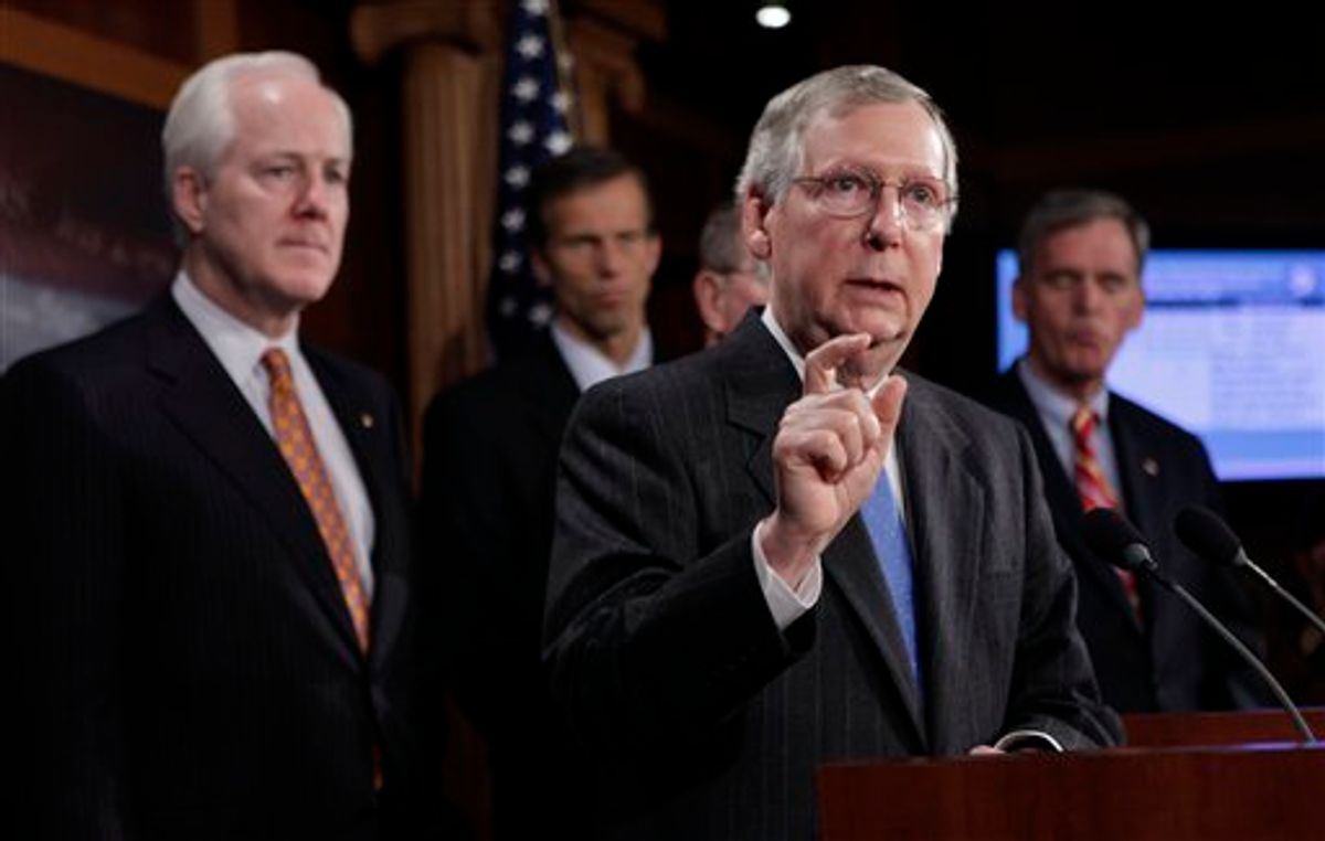 Senate Minority leader Mitch McConnell of Ky., second from right, gestures during a news conference on Capitol Hill in Washington, Wednesday, Jan. 20, 2010. From left are. Sen. John Cornyn, R-Texas, Sen. John Thune, R-S.D., McConnell, and Sen. John Gregg, R-N.H. (AP Photo/Pablo Martinez Monsivais)       (AP)