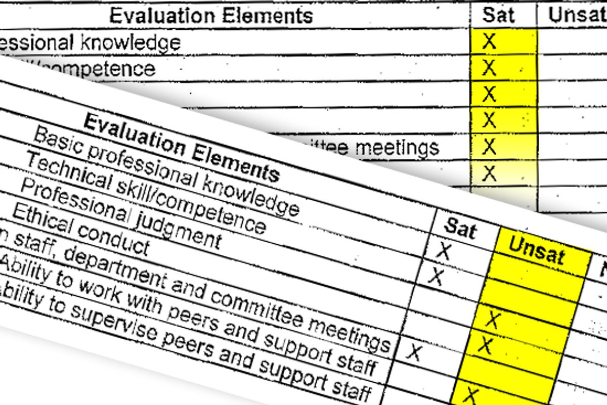 Background: Detail from a copy of the original performance evaluation for Dr. Kernan Manion. Foreground: Detail from the second, negative evaluation for Manion after he went public about mental health care problems at Camp Lejeune.