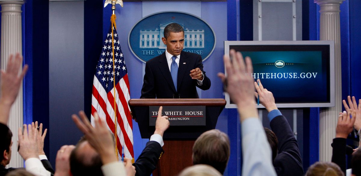 President Barack Obama points as he takes questions during the daily press briefing at the White House, in Washington, Tuesday, Feb. 9, 2010. (AP Photo/Pablo Martinez Monsivais) (Associated Press)