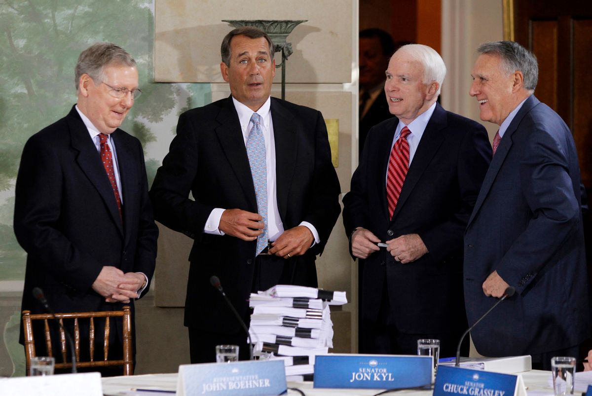 Republican lawmakers (L-R) Senate Minority Leader Mitch McConnell (R-KY), House Minority Leader John Boehner (R-OH), Senator John McCain (R-AZ) and Senate Republican Whip Jon Kyl (R-AZ) gather in front of health reform documentation at the start of a health reform summit with U.S. lawmakers and U.S. President Barack Obama at Blair House in Washington, February 25, 2010.   REUTERS/Jason Reed    (UNITED STATES - Tags: POLITICS) (Reuters)