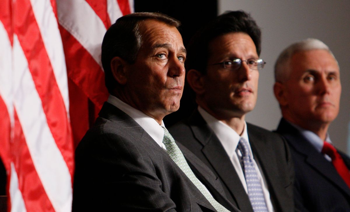 From left, House Minority Leader John Boehner of Ohio, House Minority Whip Eric Cantor of Va., and Rep. Mike Pence, R-Ind., listen as President Obama speaks to Republican lawmakers at the GOP House Issues Conference in Baltimore, Friday, Jan. 29, 2010. (AP Photo/Charles Dharapak)            (Associated Press)