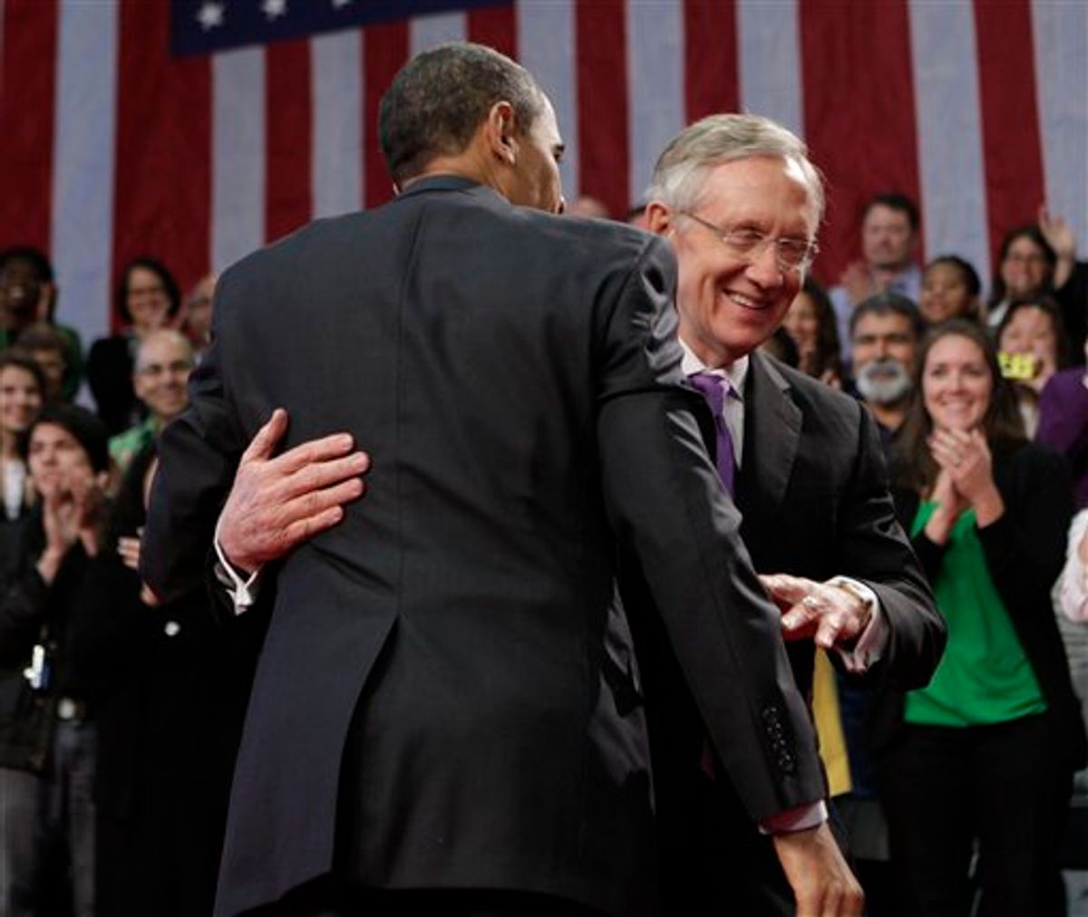 President Barack Obama embraces Senate Majority Leader Harry Reid of Nev. during a town hall meeting at Green Valley High School in Henderson, Nev., Friday, Feb. 19, 2010. (AP Photo/Pablo Martinez Monsivais)     (AP)